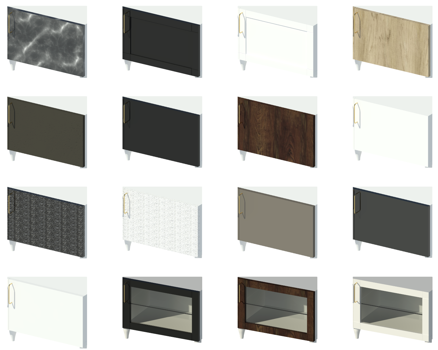 Revit render of 16 types of door styles including dark grey, black, white, oak, stained oak, beige and with glass panes. All paired with brass BAGGANÄS handles. 